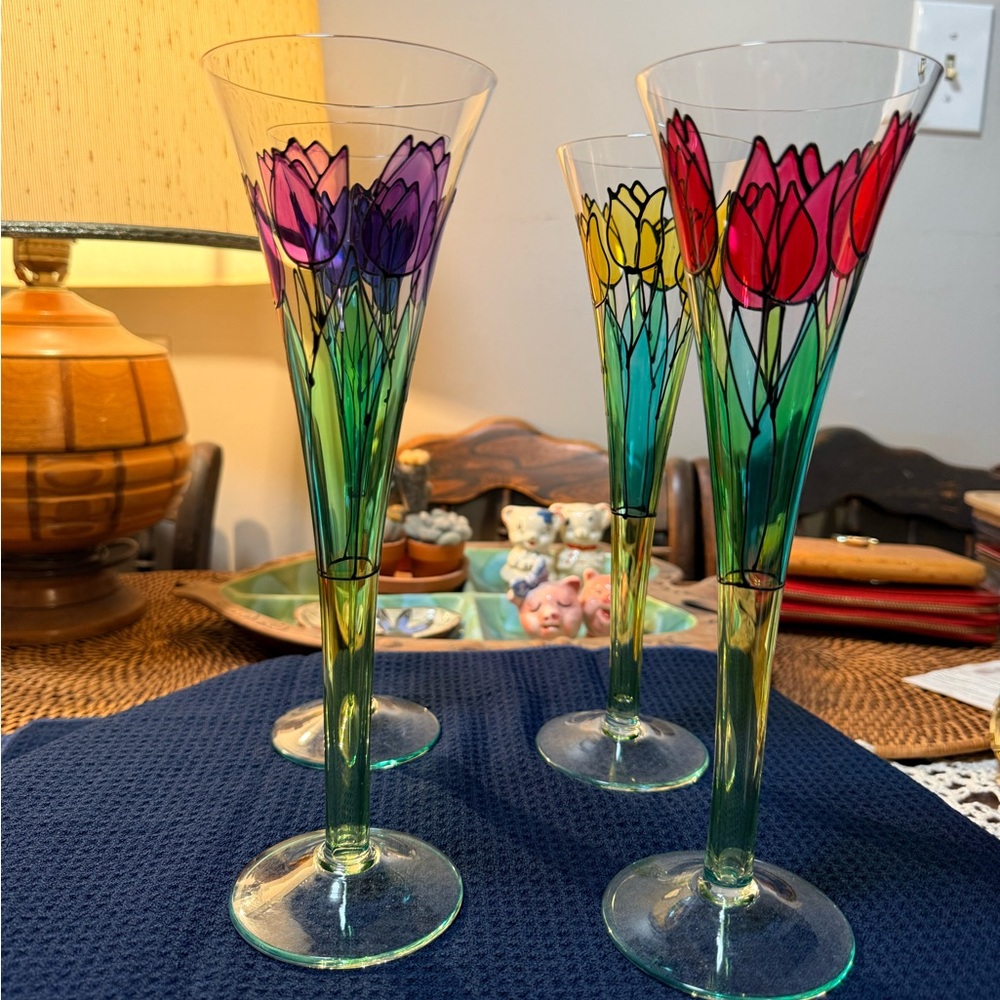 Hand Painted Royal Danube Crystal Champagne Flutes